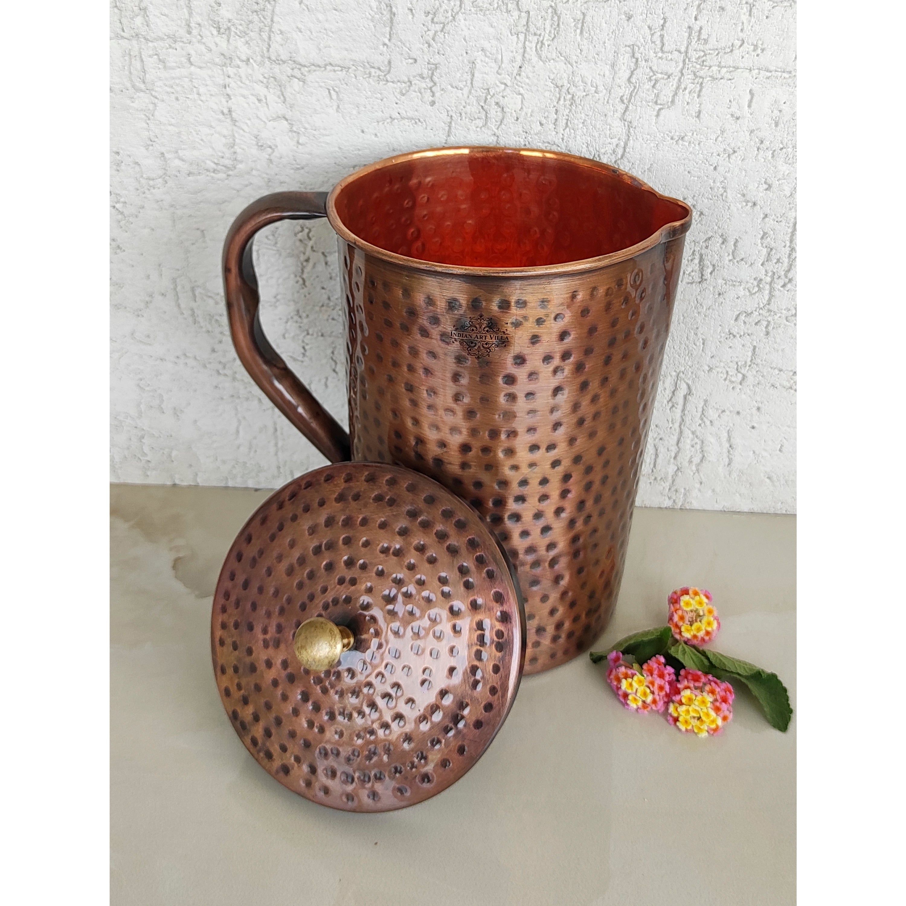 Pure copper hammered antique design jug, pitcher with brass knob on lid dark hammered, 1500 ML
